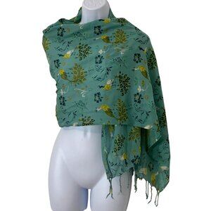 Green Blues Peacock/Floral Lightweight Cotton Fringe Scarf Handcrafted In India
